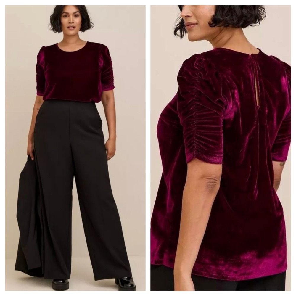 Torrid Sz 3X Plum Purple Velvet Ruched Caterpillar Short Sleeve Blouse Girl Boss